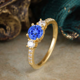 Round Cut 4 Prong Sapphire Engagement Ring Three Stone Promise Ring Four Claw Prong Setting